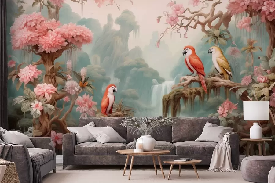 Fotobehang Een sprookjesachtig tropisch bos met papegaaien, bloeiende bomen met roze bloesems en een waterval. w09580
