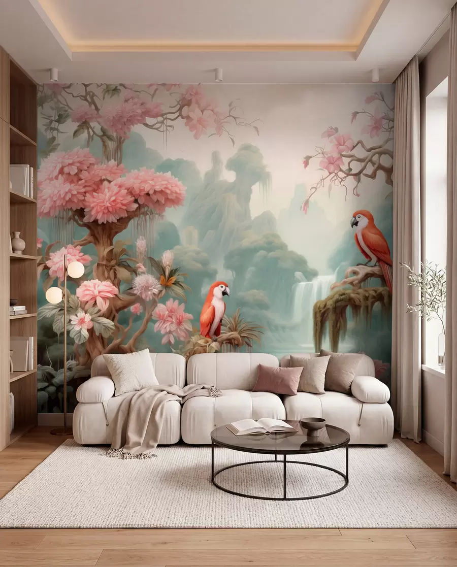 Fotobehang Een sprookjesachtig tropisch bos met papegaaien, bloeiende bomen met roze bloesems en een waterval. w09580