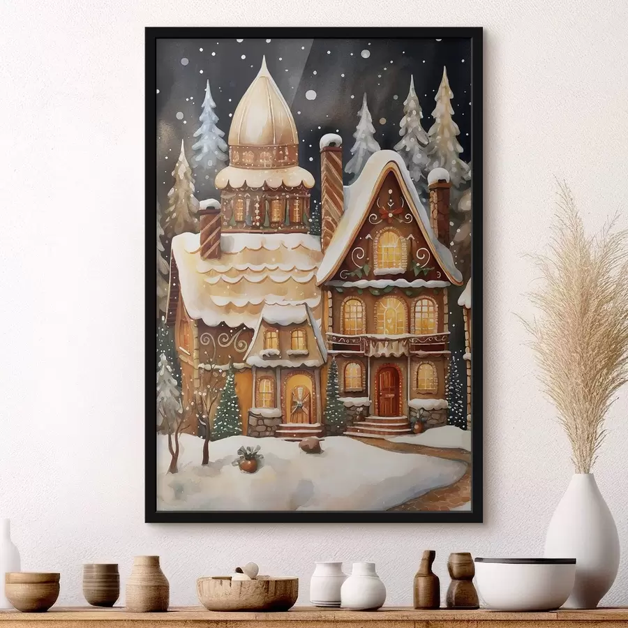 Fotobehang Met sneeuw bedekte huizen in het bos f46985