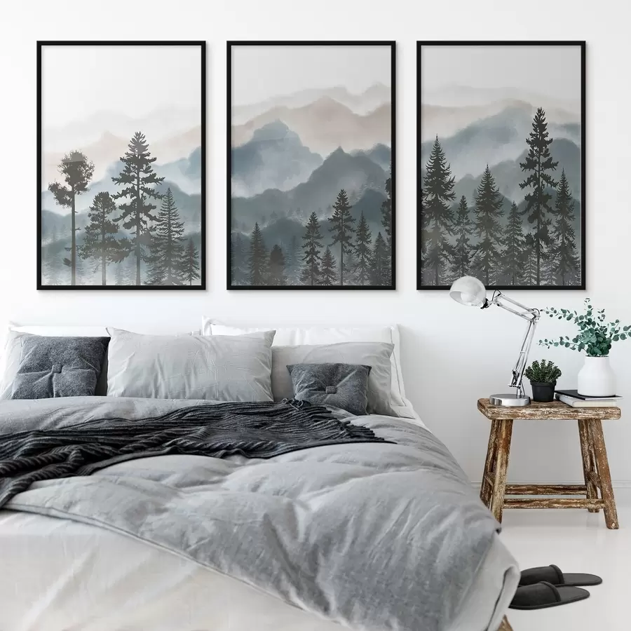 Papier peint photo Montagnes sereines et silhouettes d'arbres d00244