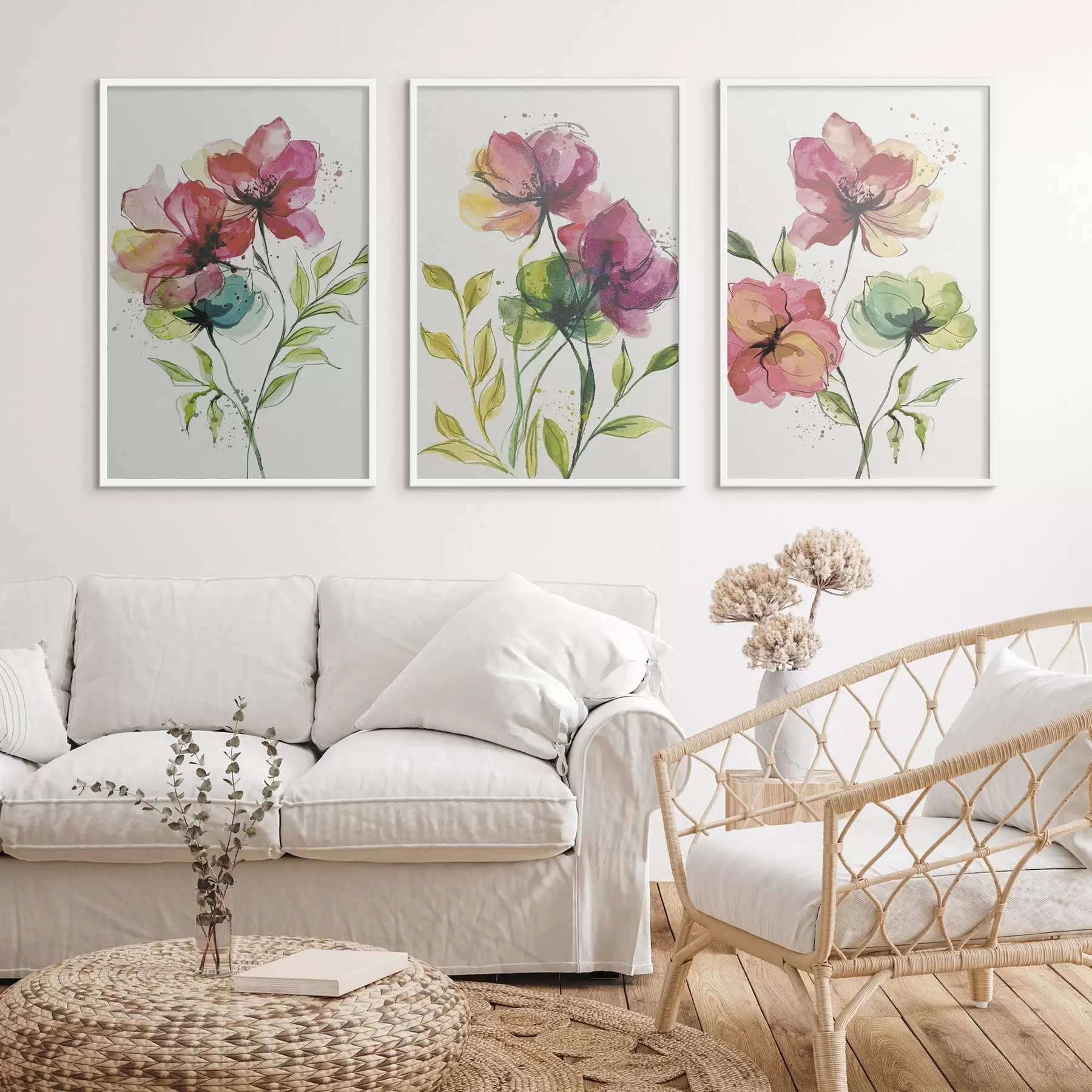 Fotobehang Zachte aquarelbloemen met verfspatten d00340