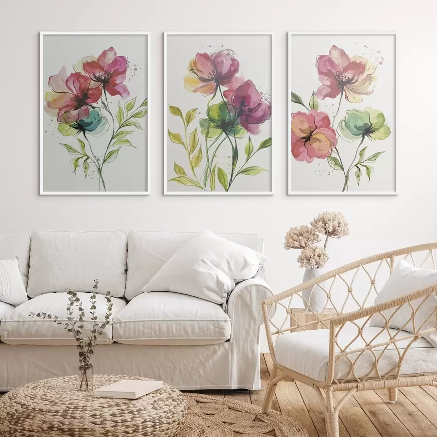 Fotobehang Zachte aquarelbloemen met verfspatten d00340