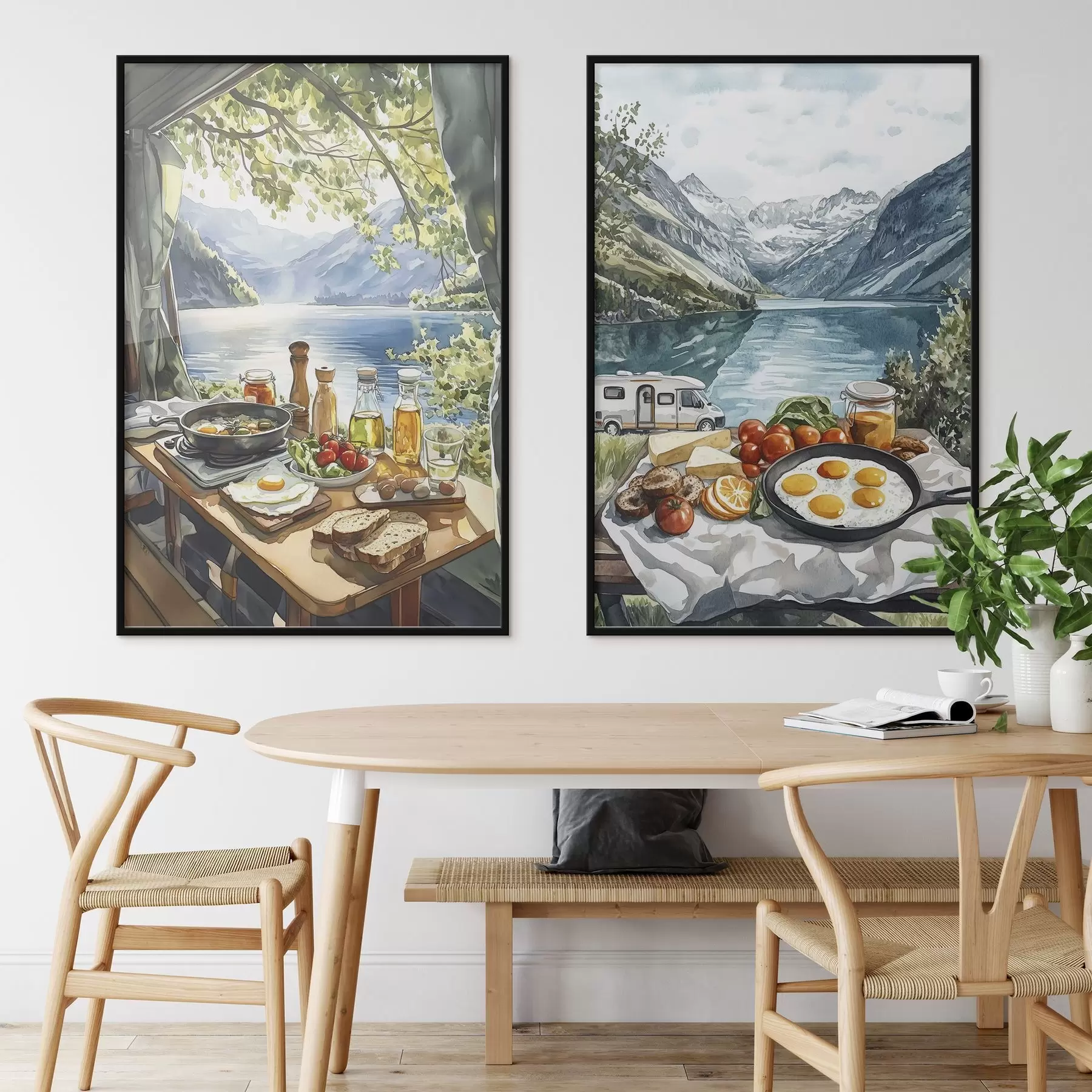 Papier peint photo Camping, petit déjeuner esthétique près du lac, style aquarelle d00405