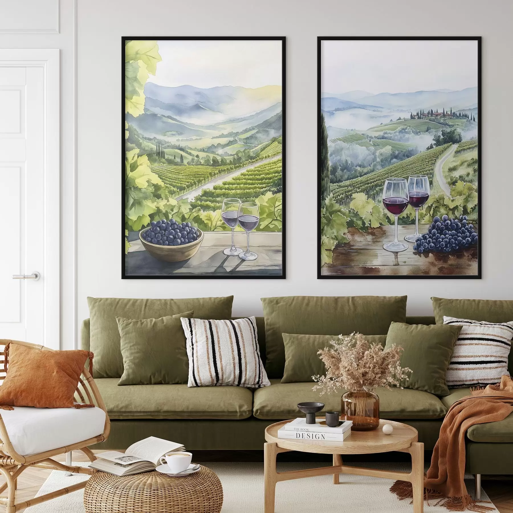 Fotobehang Mooie Toscaanse landschappen, wijngaarden, wijnglazen, aquarel stijl, Italië d00408