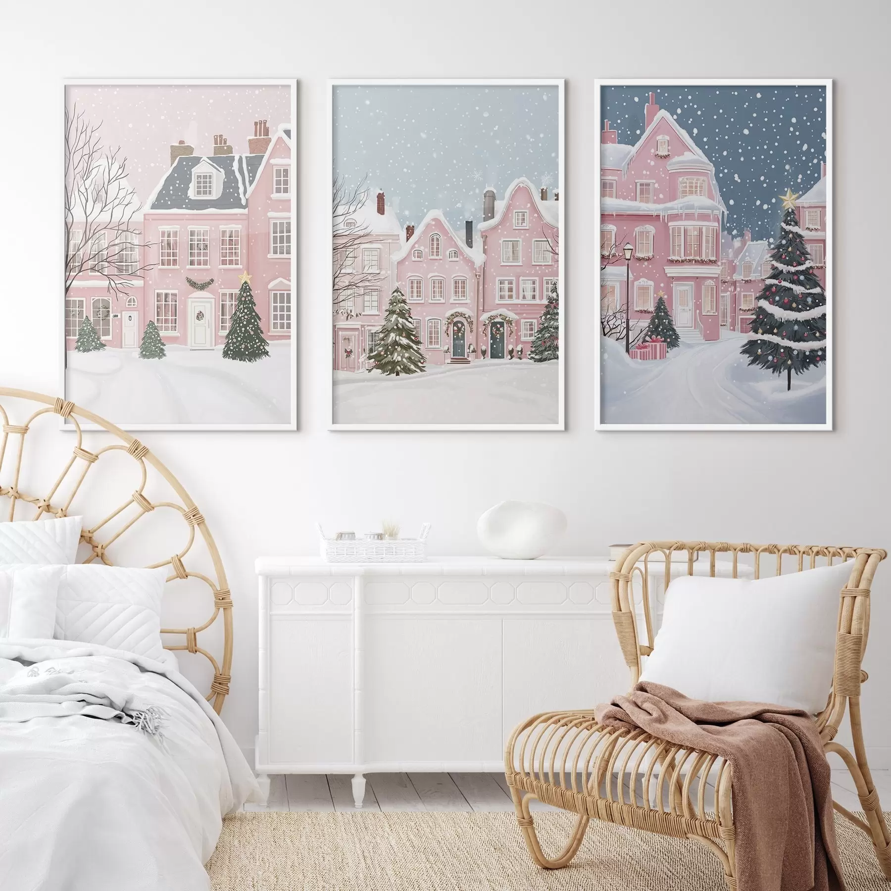 Fotobehang Prachtige winterstad met roze huizen, dennenbomen, sneeuwvlokken d00410