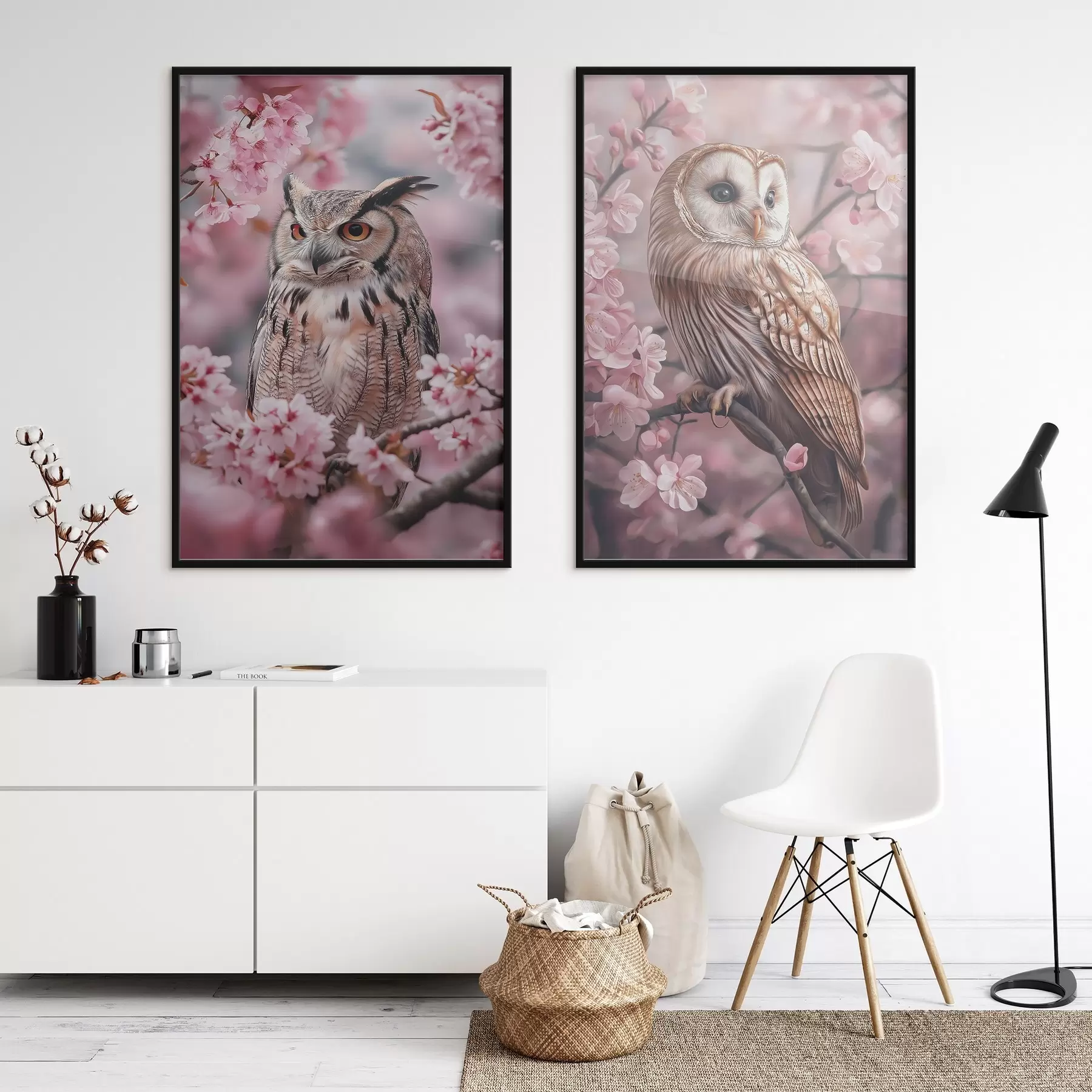 Fotobehang Uilen op de kersenboom, roze bloemen, realisme, natuur d00411