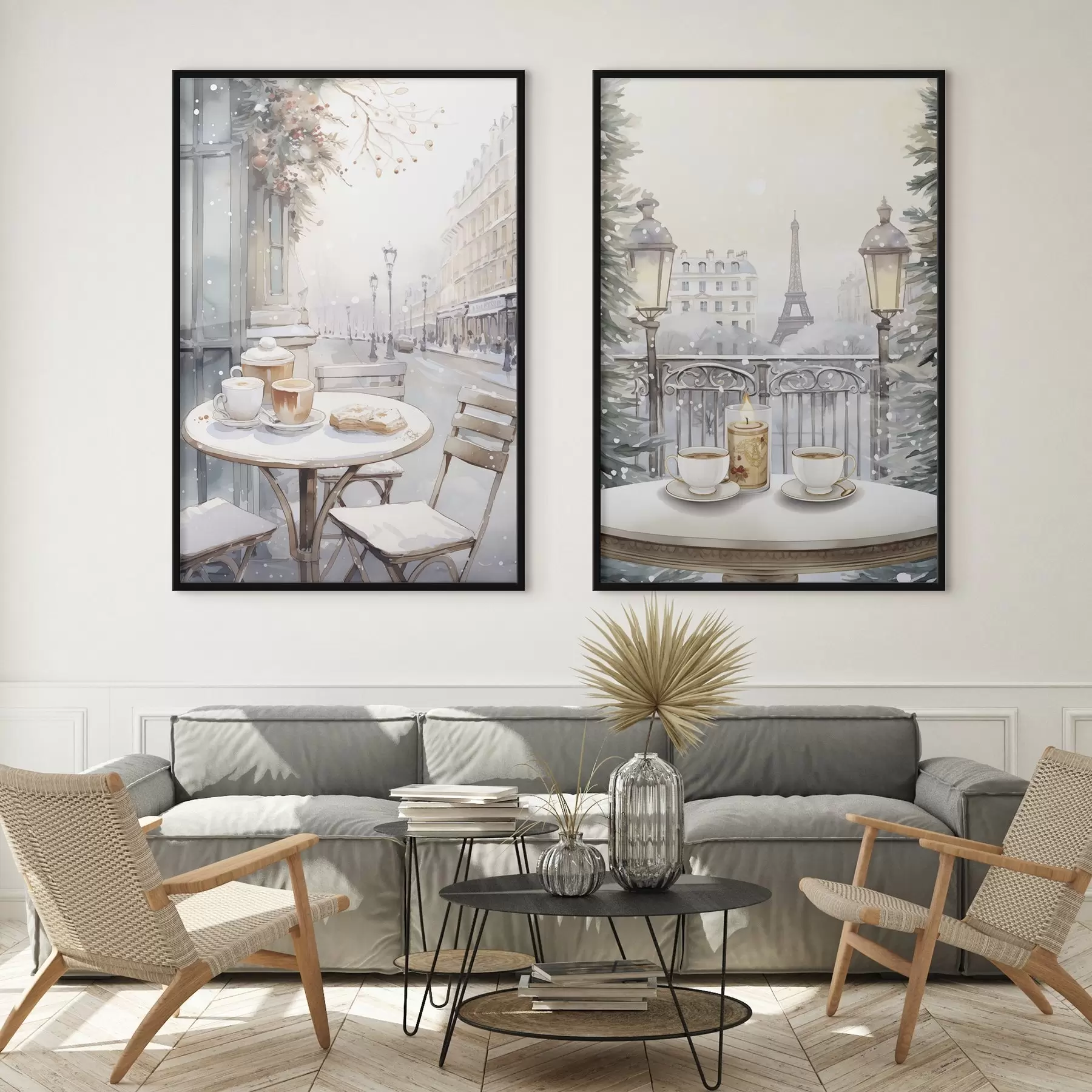 Fotobehang Esthetische cafés met kopjes koffie, straat in de stad Parijs, winter, architectuur d00413