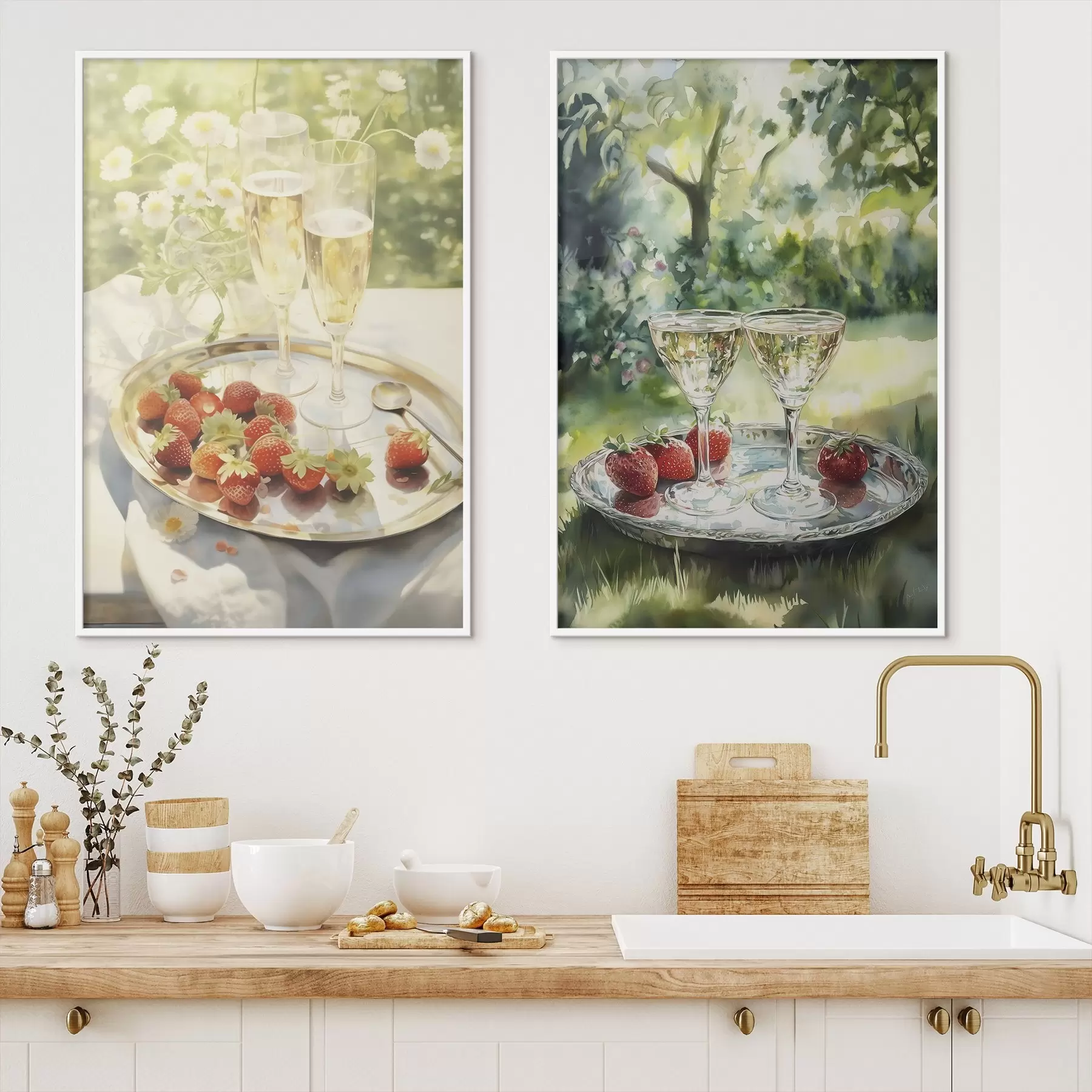 Fotobehang Zomerpicknick, champagneglazen met aardbeien op het dienblad, kamillebloemen d00414