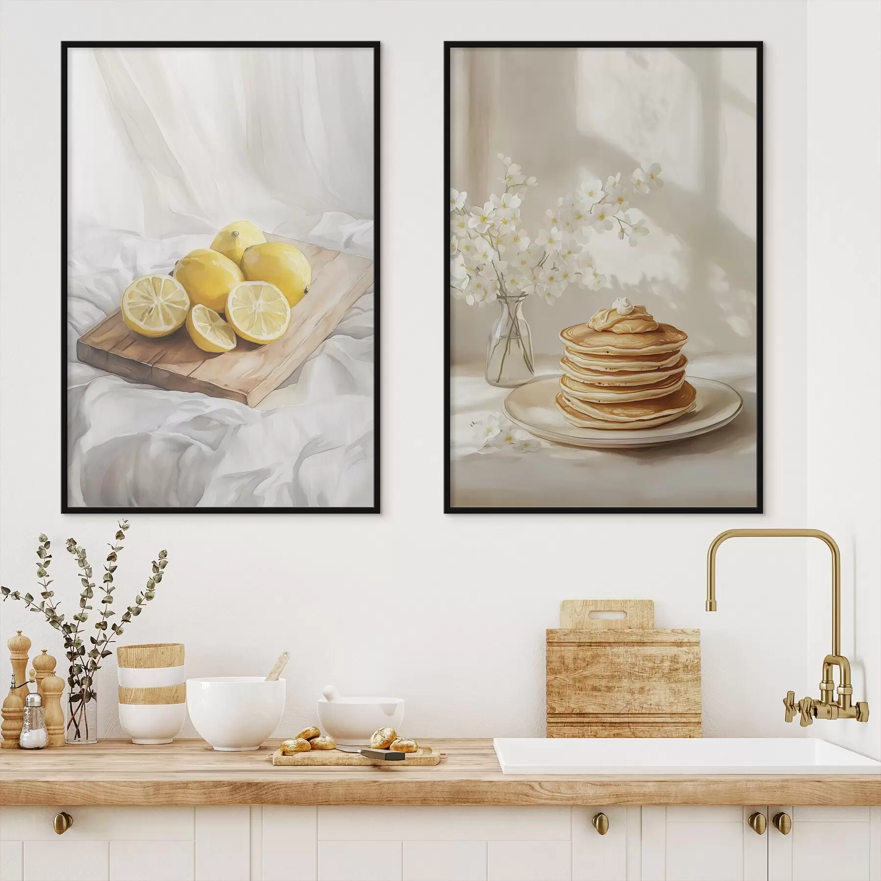Papier peint photo Crêpes au beurre de cacahuètes, citrons sur la planche en bois, style aquarelle d00416