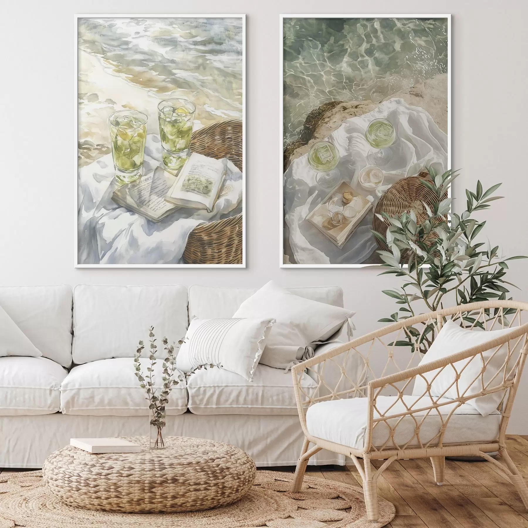 Fotobehang Cocktails op het strand, aquarel tekening, oceaan, zomer picknick d00417