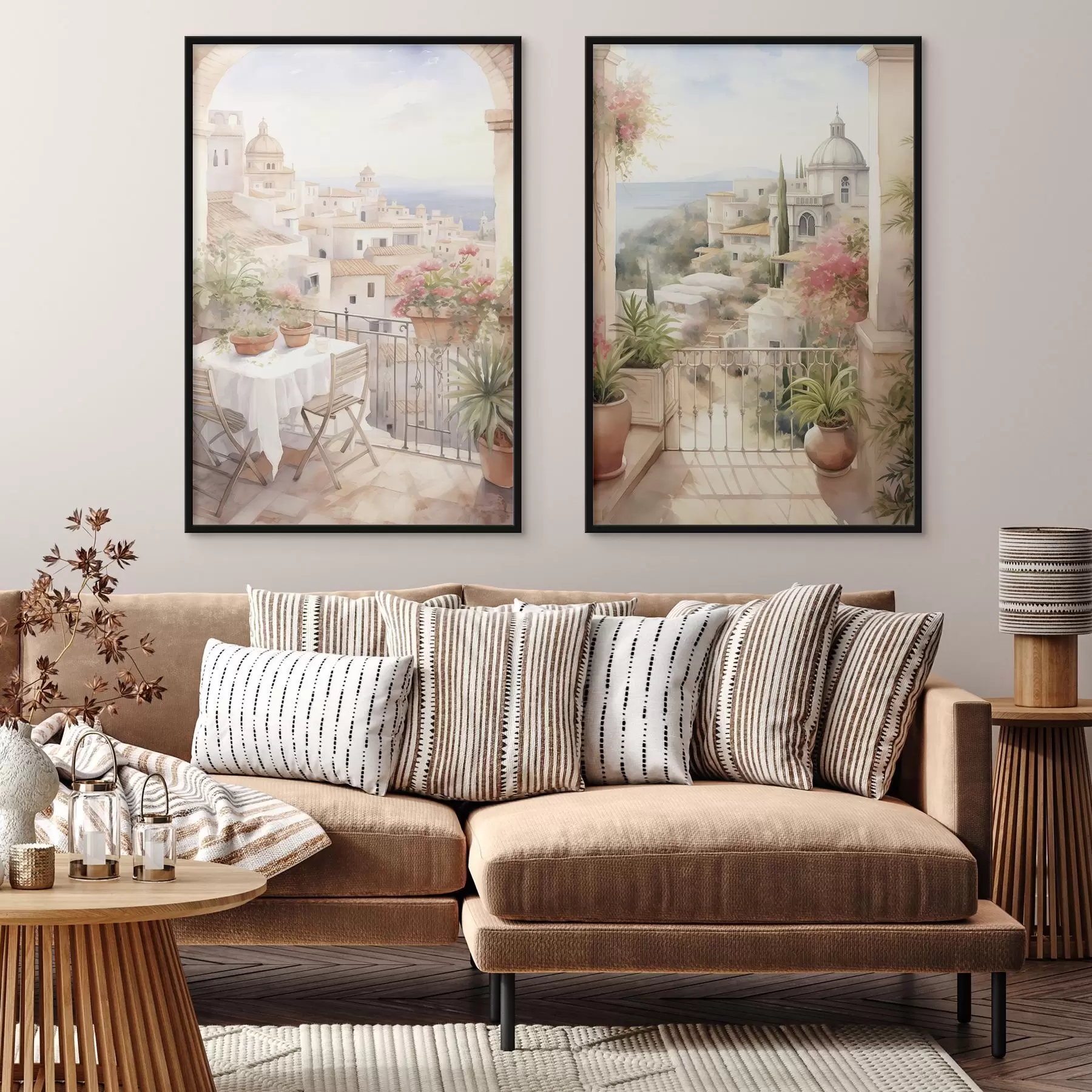 Fotobehang Zonsondergang op het balkon, architectuur, bloeiende bloemen, aquarel stijl, mediterraan d00420