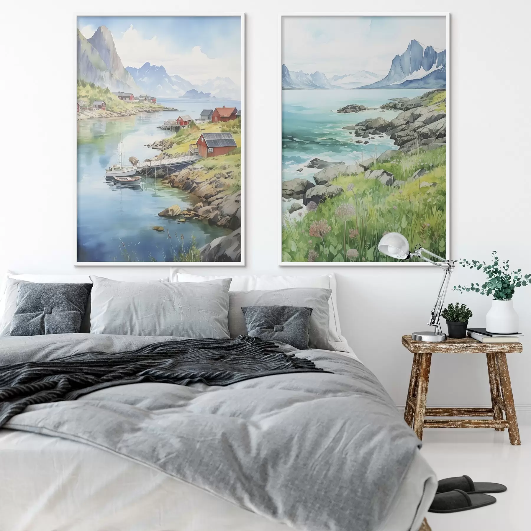 Fotobehang Noorwegen natuur, Lofoten eilanden, zomer landschap, rode huizen, bergen, boten d00421