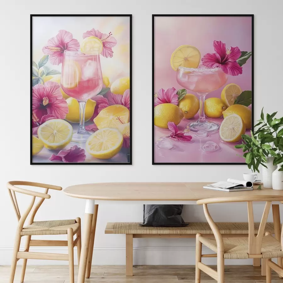 Fotobehang Cocktails met hibiscusbloemen en citroenen, zomer, sappig, aquarelstijl d00446