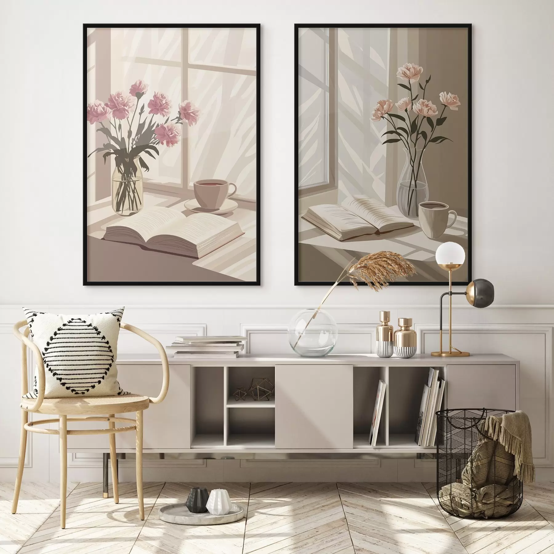 Papier peint photo Abstraction, esthétique matinale, tasse de café, livre, fleurs d00448