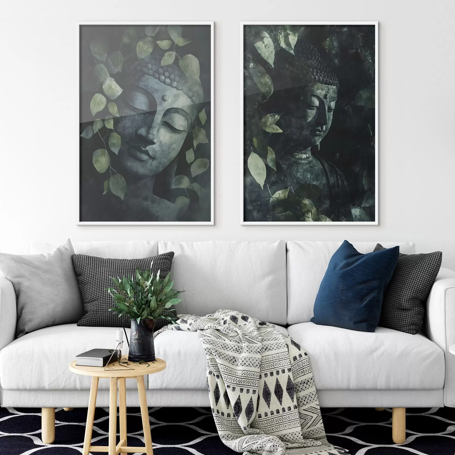 Papier peint photo Bouddha vert dans des feuilles tropicales, style aquarelle d00451