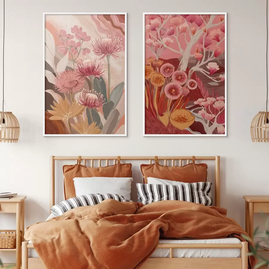Fotobehang Boho stijl bloemen, gedetailleerde tekening, bordeauxrode kleuren d00476