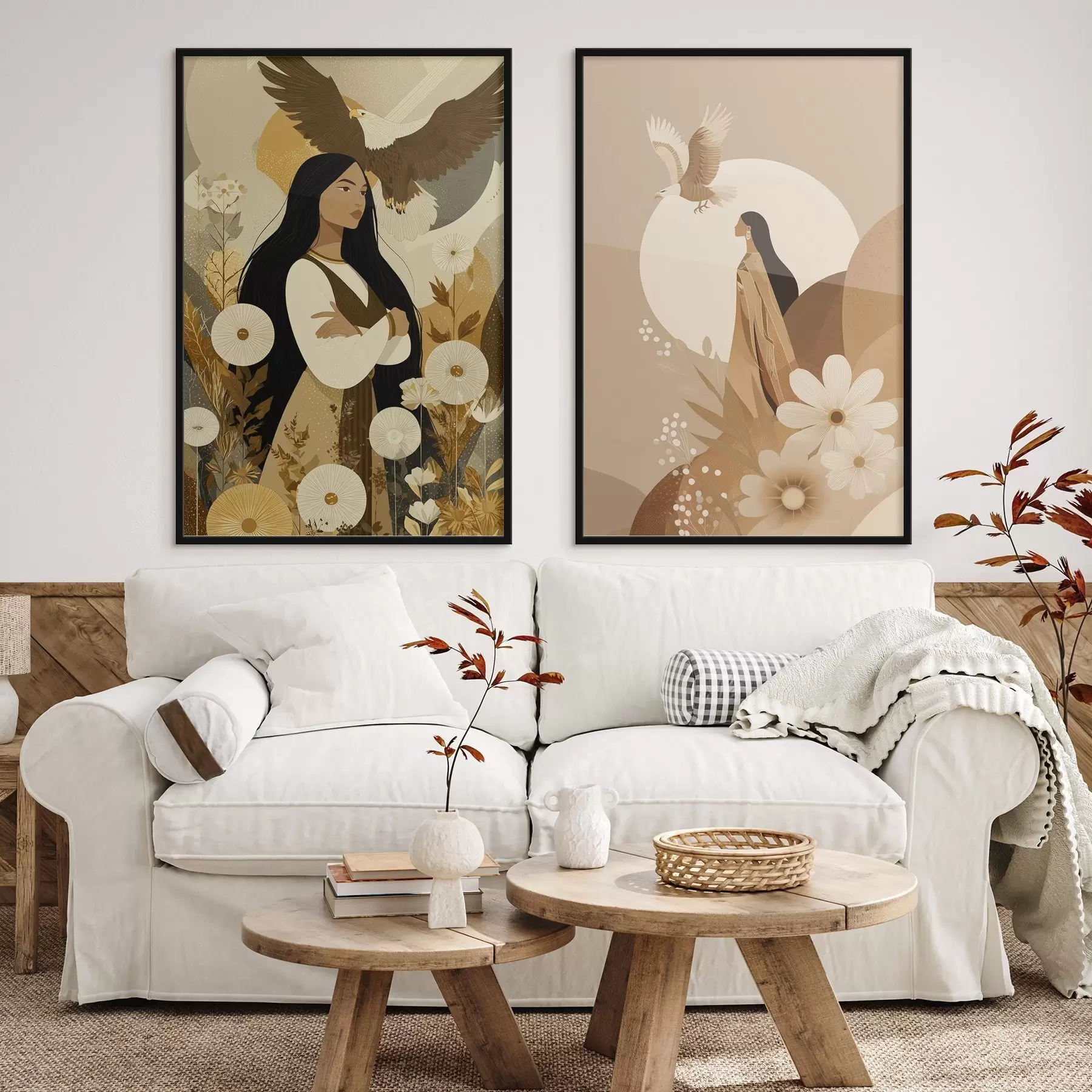 Fotobehang Vrouwen met vliegende adelaars, tribale stijl, beige kleuren d00477