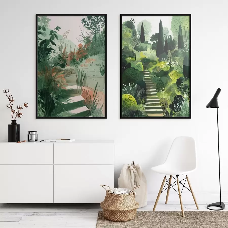Fotobehang Groene oosterse tuin met struiken en bomen d00478