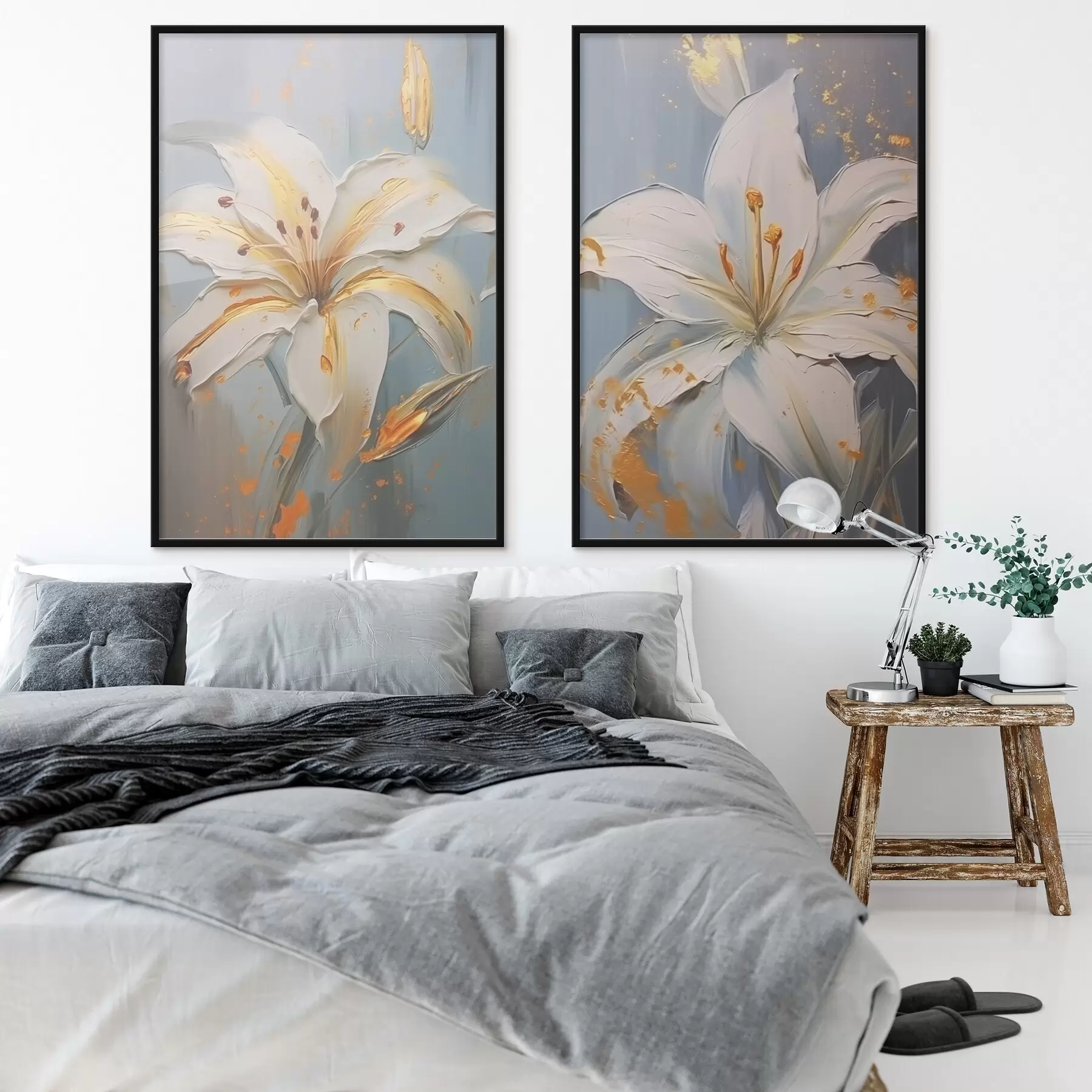 Fotobehang Witte lelies met gele strepen op een blauwe achtergrond d00497