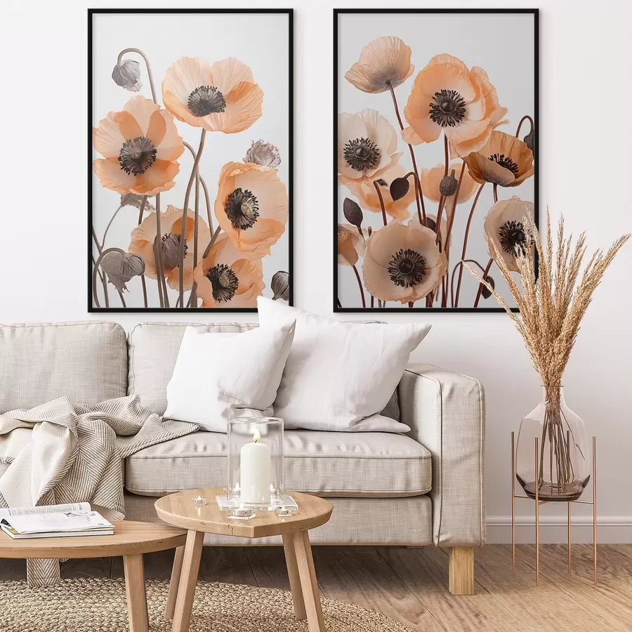 Fotobehang Oranje klaprozen, gedroogde bloemen tegen een lichte achtergrond, zachte verlichting, delicate bloemblaadjes, bloemstuk d00518