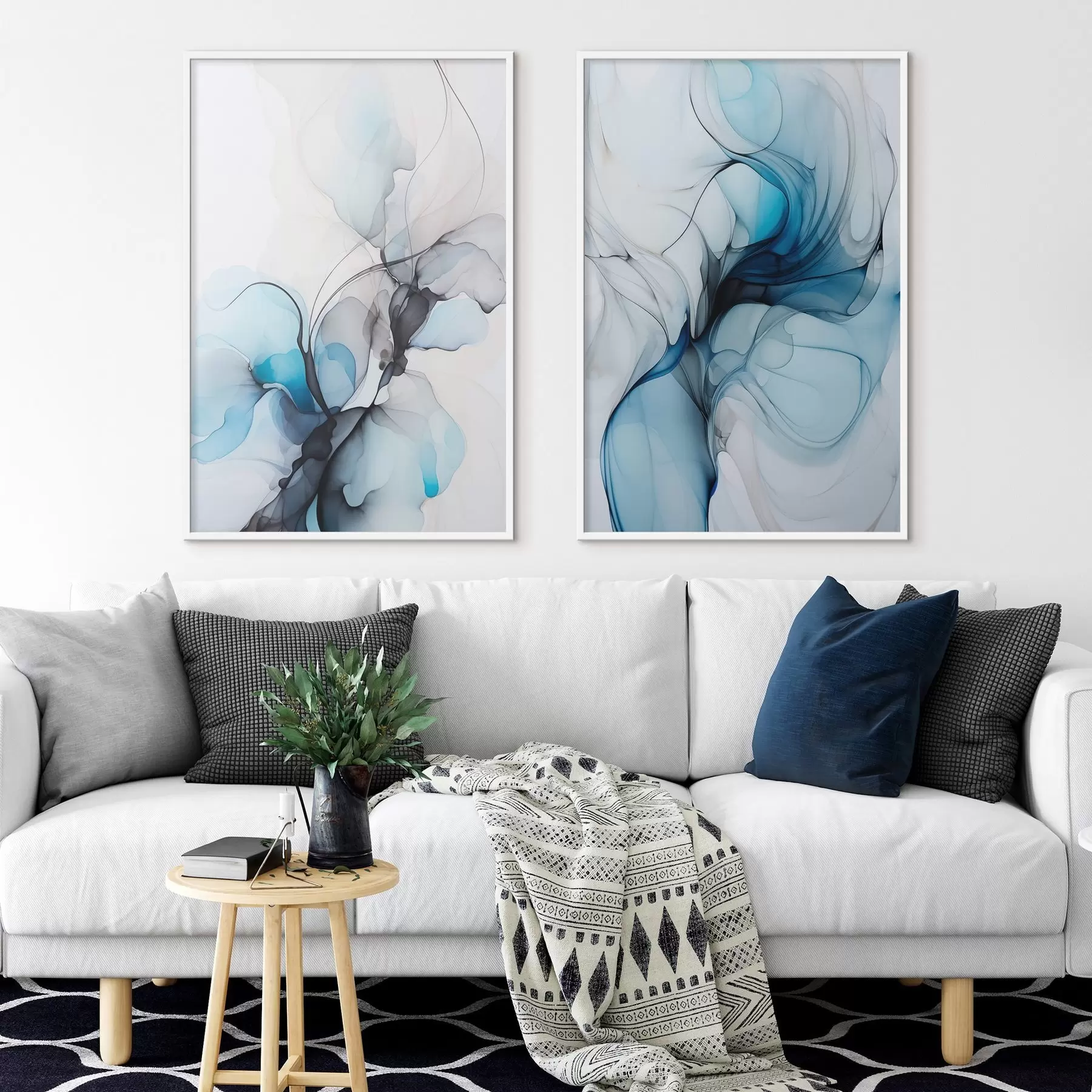 Fotobehang Abstracte compositie met vloeiende lijnen en doorschijnende bloemblaadjes in blauwwitte en beige tinten, imitatie van alcoholinkt d00523