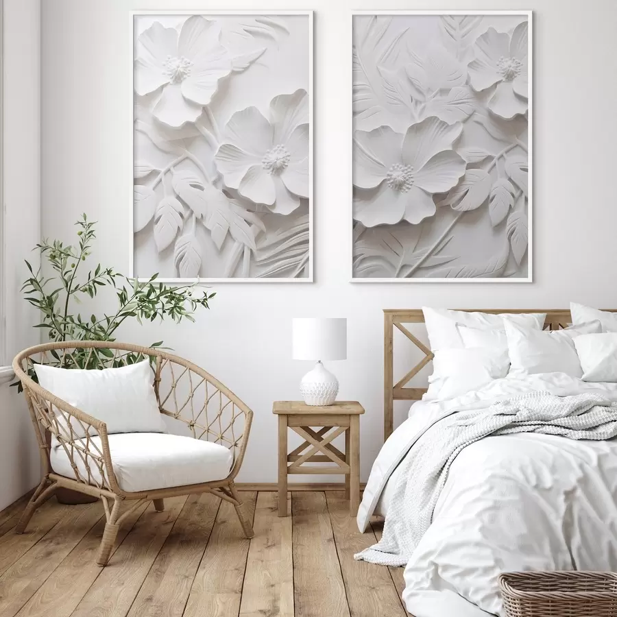 Fotobehang Decoratieve minimalistische witte bloemen met bladeren, reliëfimitatie, witte achtergrond d00524