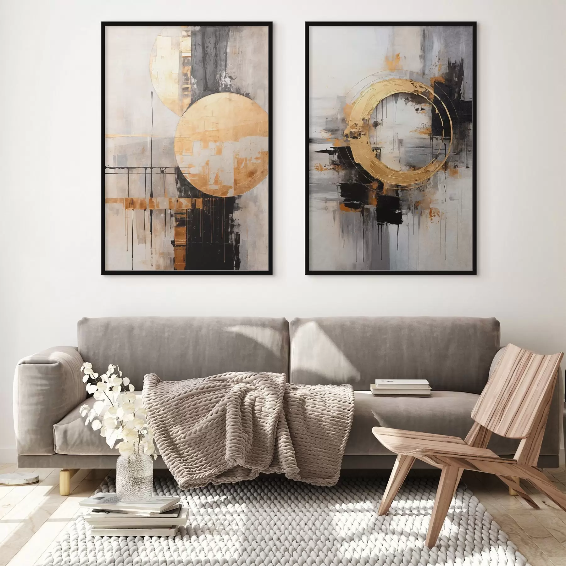 Fotobehang Abstract schilderij met cirkels, zwarte en gele lijnen en een achtergrond met grijze en witte tinten d00527