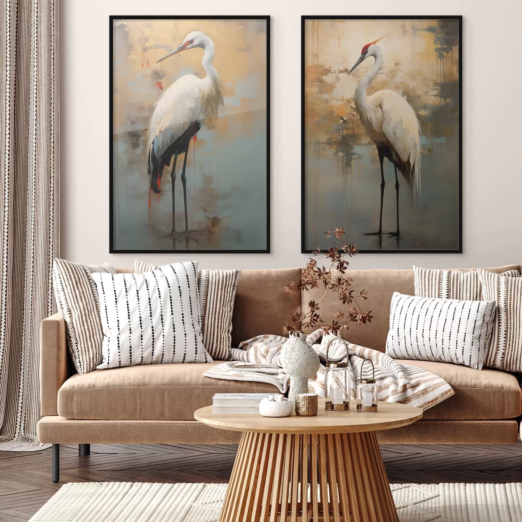 Papier peint photo Héron blanc sur fond de teintes jaunes, brunes et bleues atténuées suggérant un paysage brumeux et abstrait d00530