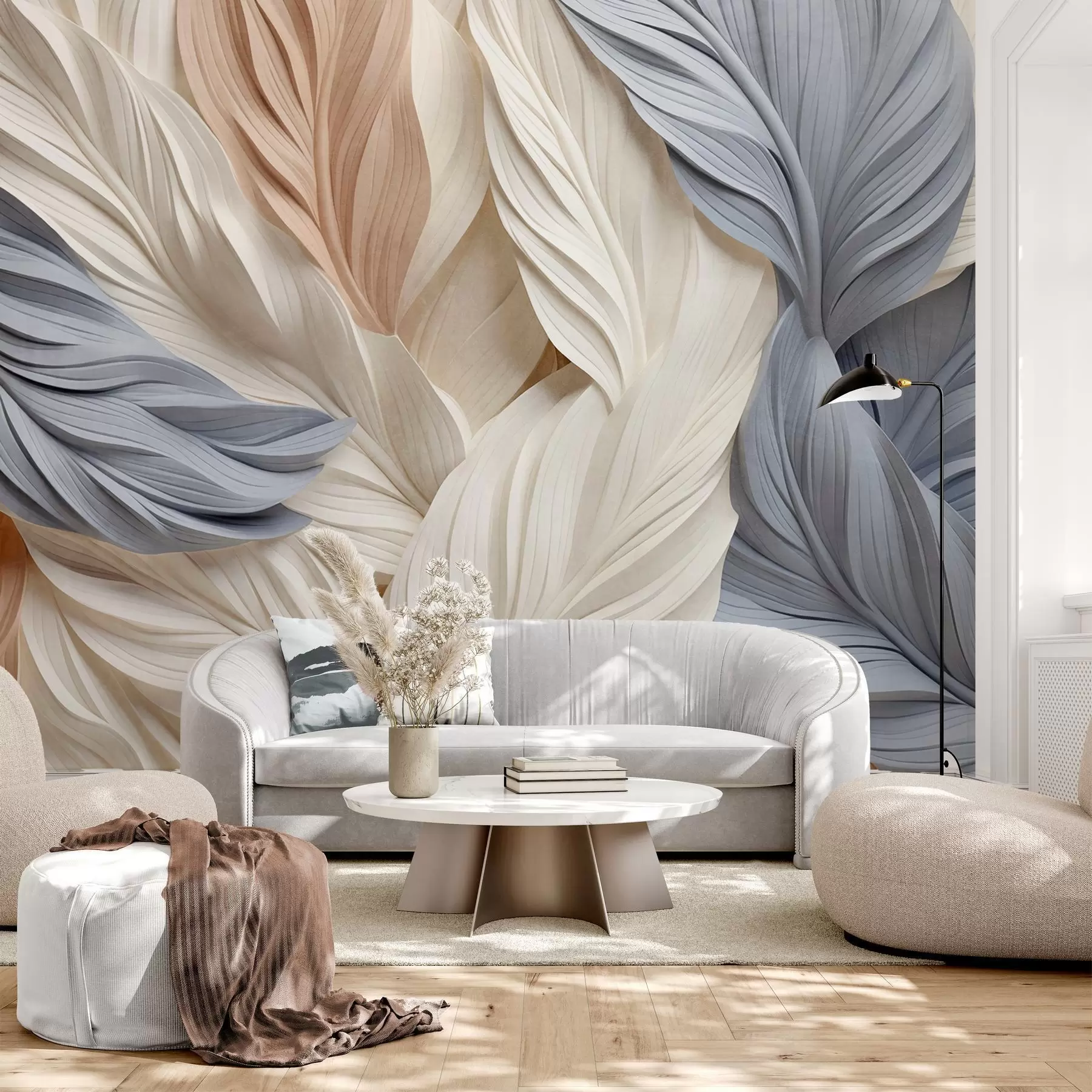 Papier peint photo Plumes abstraites et superposées dans des tons crème, beige et bleu clair, avec un aspect texturé et organique. w09603