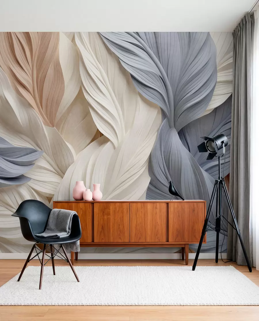 Fotobehang Abstracte, gelaagde veren in crèmekleurige, beige en lichtblauwe tinten, met een gestructureerd, organisch uiterlijk. w09603