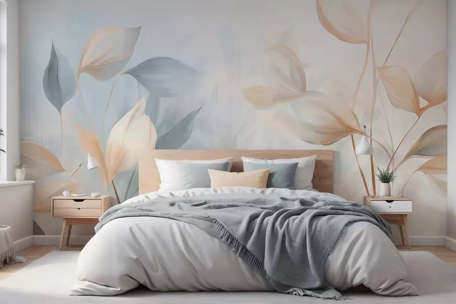Fotobehang Zachte, delicate, doorschijnende bladeren in gedempte tinten beige, perzik en lichtblauw, gestructureerde pastelkunst w09607