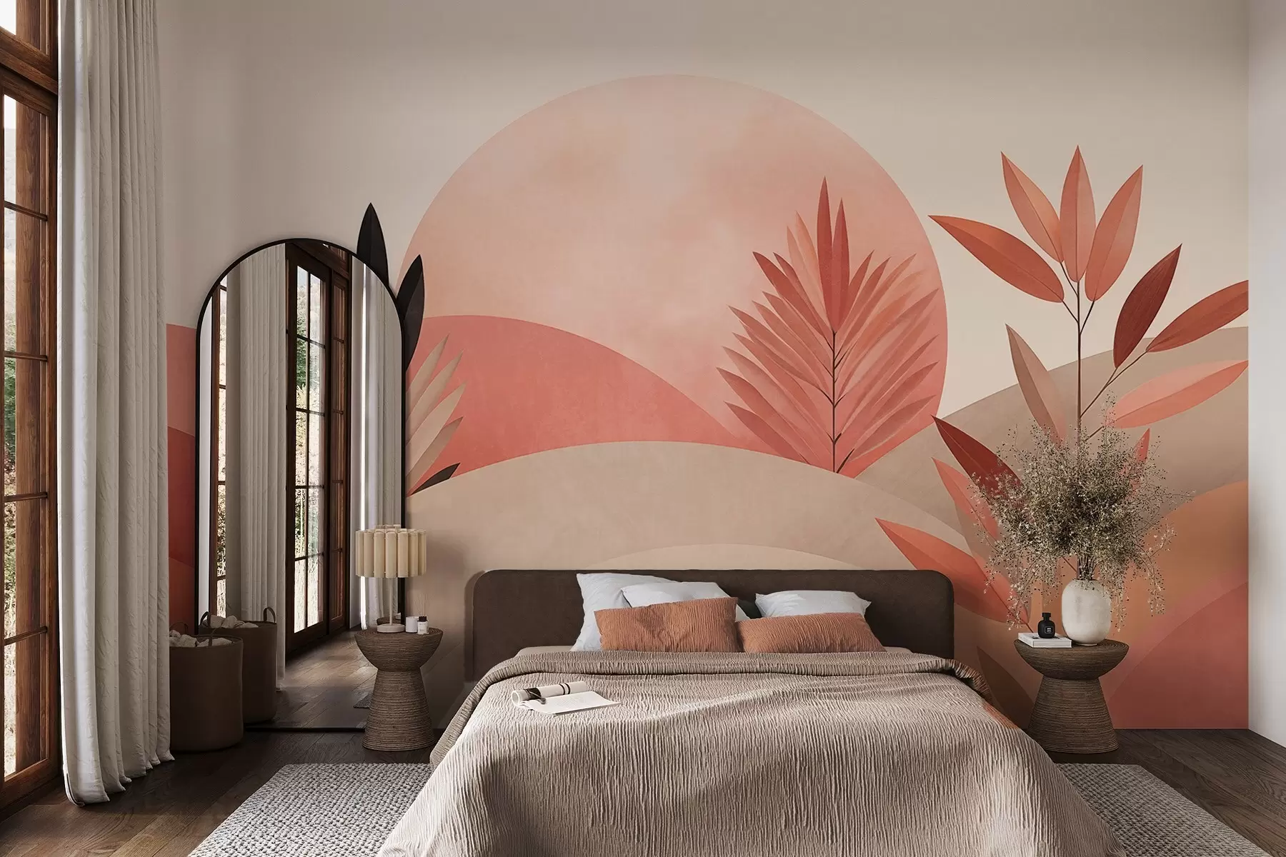 Papier peint photo Paysage bohème abstrait, soleil derrière des collines vallonnées, plantes au premier plan, minimaliste, texturé, couleurs douces w09608