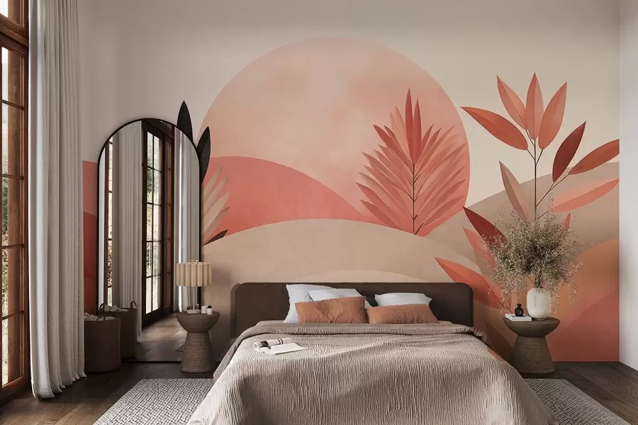 Papier peint photo Paysage bohème abstrait, soleil derrière des collines vallonnées, plantes au premier plan, minimaliste, texturé, couleurs douces w09608