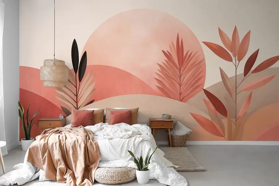 Fotobehang Abstract boho-landschap, zon achter glooiende heuvels, planten op de voorgrond, minimalistisch, gestructureerd, gedempte kleuren w09608