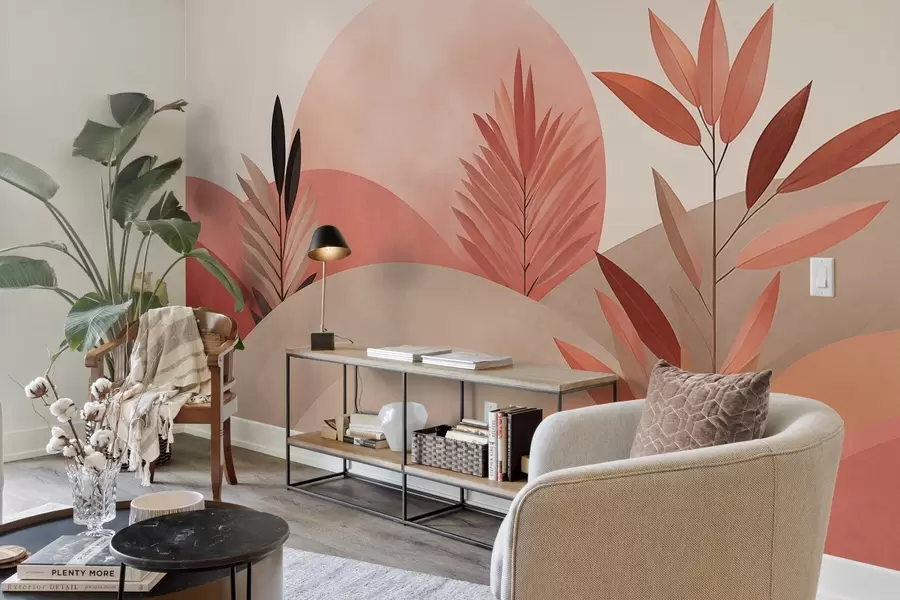 Papier peint photo Paysage bohème abstrait, soleil derrière des collines vallonnées, plantes au premier plan, minimaliste, texturé, couleurs douces w09608