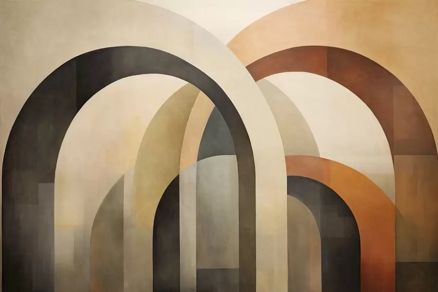 Papier peint photo Arcs géométriques abstraits texturés dans des tons terreux de beige, marron et gris, un design architectural moderne en couches. w09611