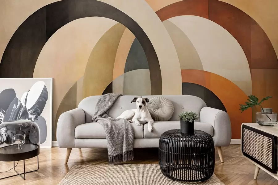 Papier peint photo Arcs géométriques abstraits texturés dans des tons terreux de beige, marron et gris, un design architectural moderne en couches. w09611