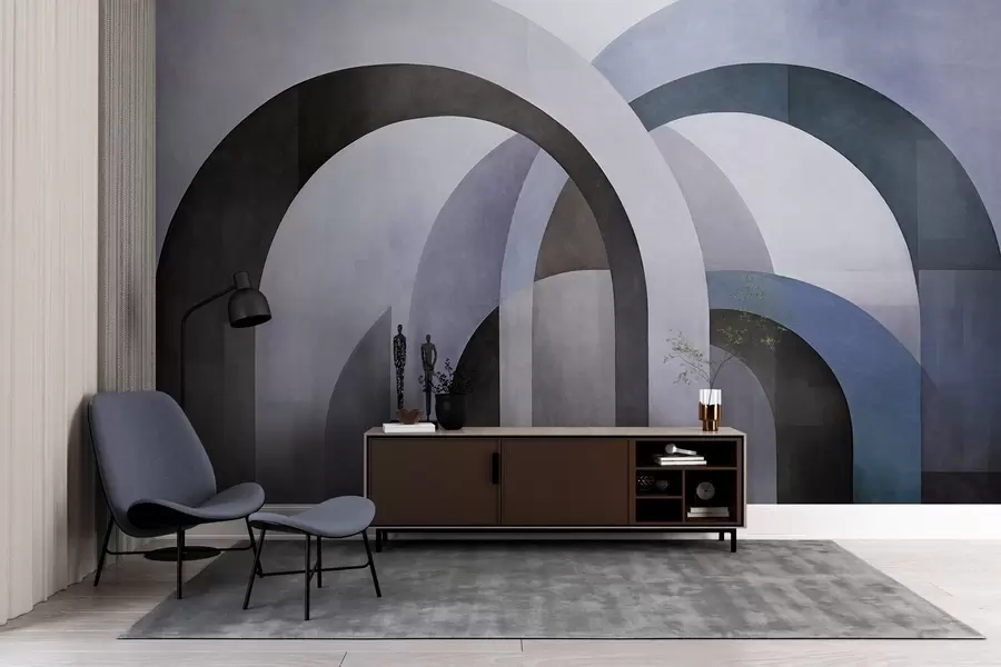 Fotobehang Abstracte geometrische bogen met textuur in blauw-, zwart- en grijstinten, een gelaagd modern architectonisch ontwerp w09611v1
