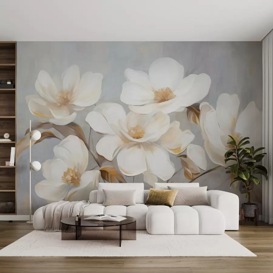Fotobehang Een geschilderde imitatie met textuur van verschillende witte magnoliabloemen tegen een gedempte pastelkleurige achtergrond. w09612