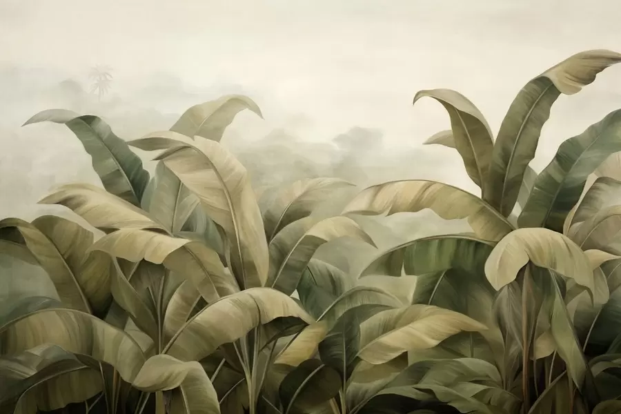 Fotobehang Getextureerd, dichtbegroeid jungle-landschap met grote bananenbladeren in gedempte groene en beige tinten w09613