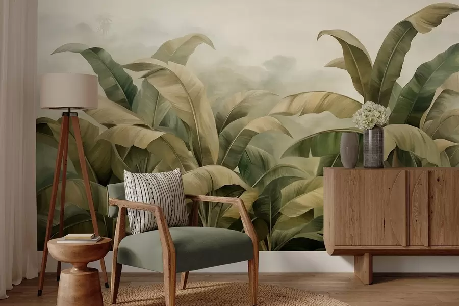 Fotobehang Getextureerd, dichtbegroeid jungle-landschap met grote bananenbladeren in gedempte groene en beige tinten w09613