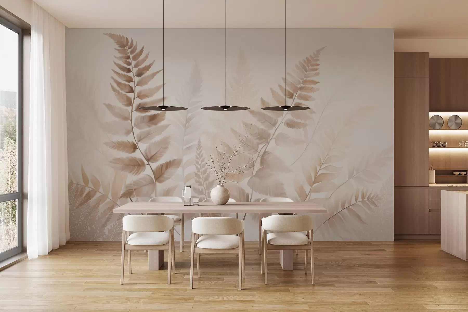 Papier peint photo Fronde de fougère séchée texturée dans différentes nuances de brun, avec un fond doux et clair dans un style aquarelle. w09615