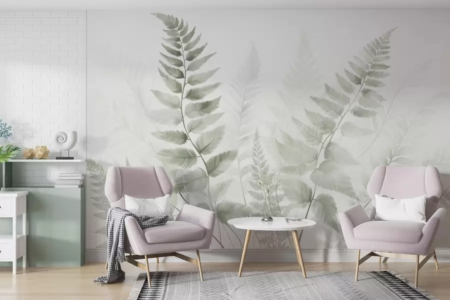 Fotobehang Getextureerde gedroogde varenbladeren in verschillende tinten groen, met een zachte, lichte achtergrond in aquarelstijl. w09615v1