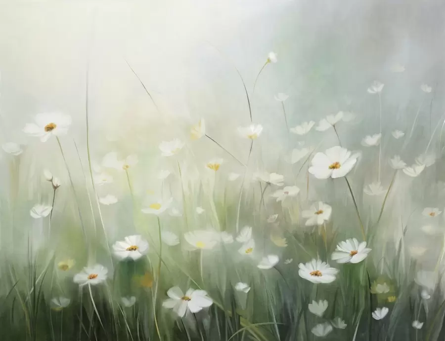 Papier peint photo Champ abstrait de marguerites blanches avec de l'herbe verte et un arrière-plan doux et brumeux dans un style pictural w09619