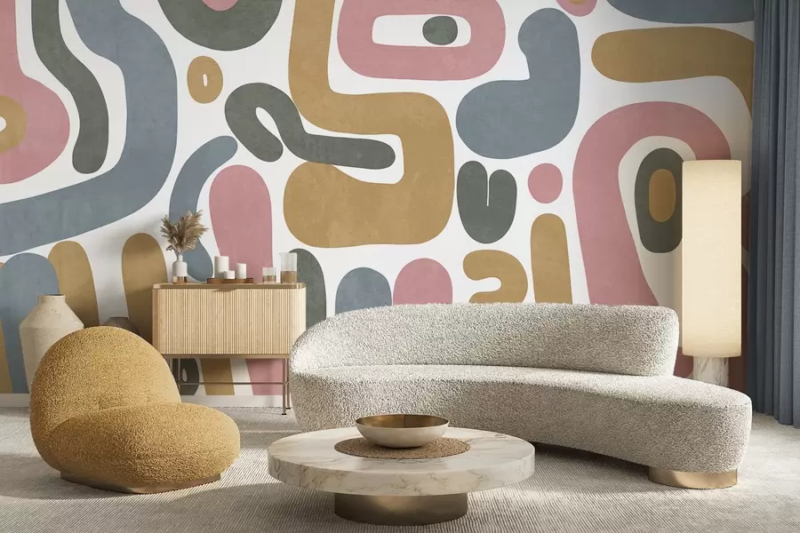 Papier peint photo Formes abstraites texturées dans des tons rose pastel, bleu pâle, jaune moutarde et gris sur fond blanc, art moderne. w09620