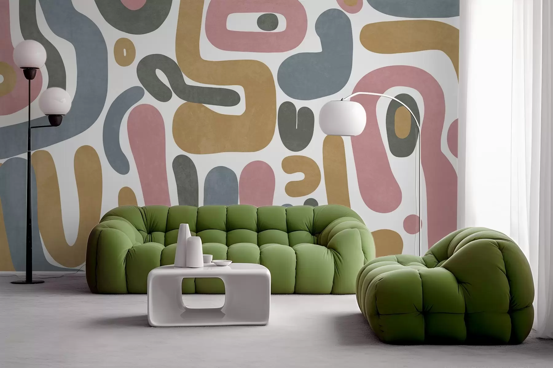 Papier peint photo Formes abstraites texturées dans des tons rose pastel, bleu pâle, jaune moutarde et gris sur fond blanc, art moderne. w09620