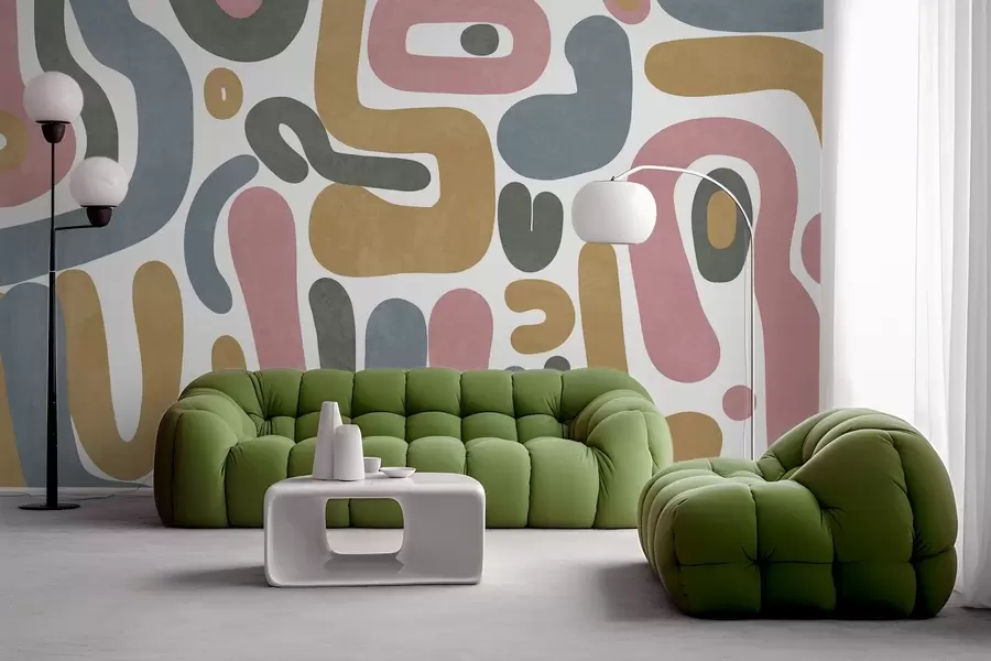 Papier peint photo Formes abstraites texturées dans des tons rose pastel, bleu pâle, jaune moutarde et gris sur fond blanc, art moderne. w09620