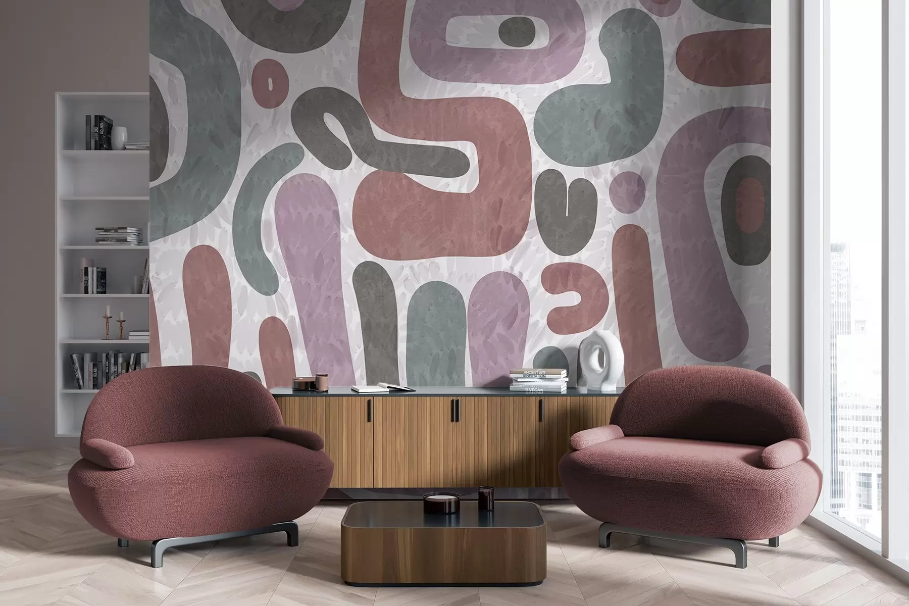 Papier peint photo Formes abstraites texturées dans des tons roses, verts et gris discrets, sur un fond texturé d'art moderne w09622