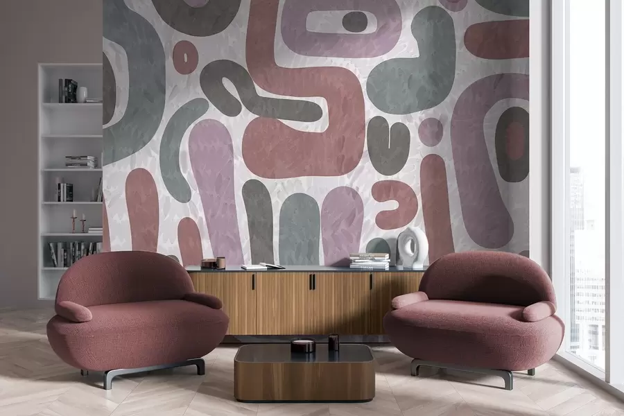 Papier peint photo Formes abstraites texturées dans des tons roses, verts et gris discrets, sur un fond texturé d'art moderne w09622