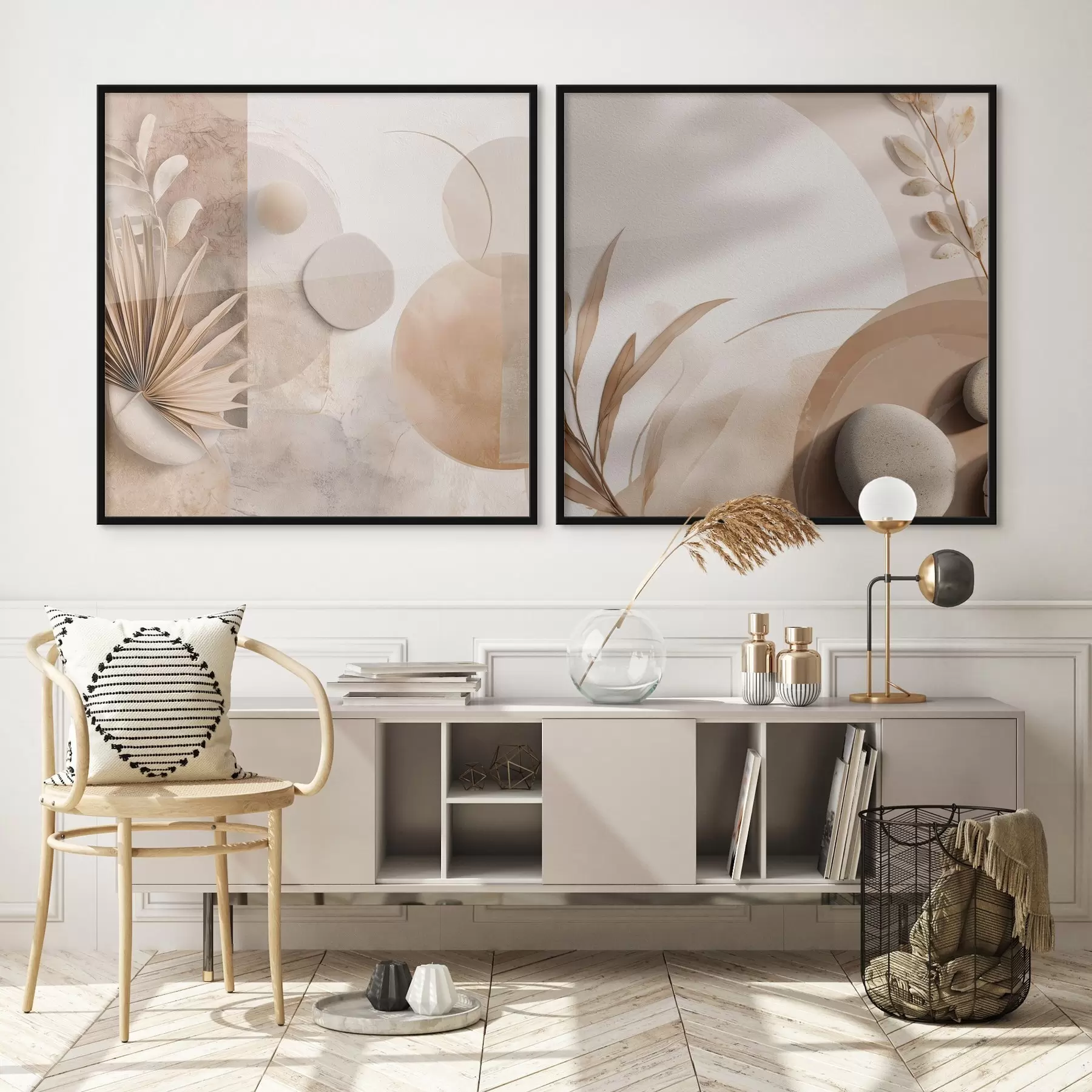 Papier peint photo Deux toiles avec des feuilles séchées et des formes texturées d00893